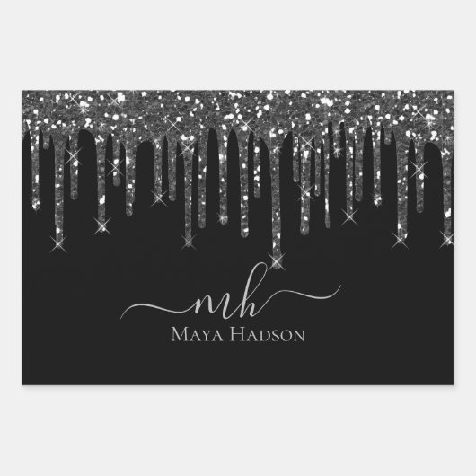 Elegante Monogram Black Glitzer Tropfen Geschenkpapier Set (Vorderseite 3)