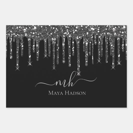 Elegante Monogram Black Glitzer Tropfen Geschenkpapier Set (Vorderseite)
