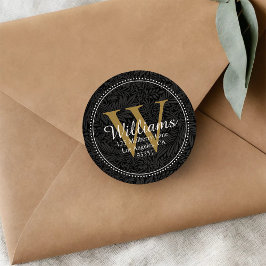 Elegante Monogram Black Gold Floral Rücksendeadres Runder Aufkleber