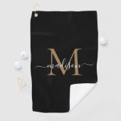 Elegante Monogram Black Gold Girly Script Name Golfhandtuch (Insitu)