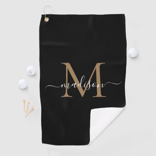 Elegante Monogram Black Gold Girly Script Name Golfhandtuch (Insitu)