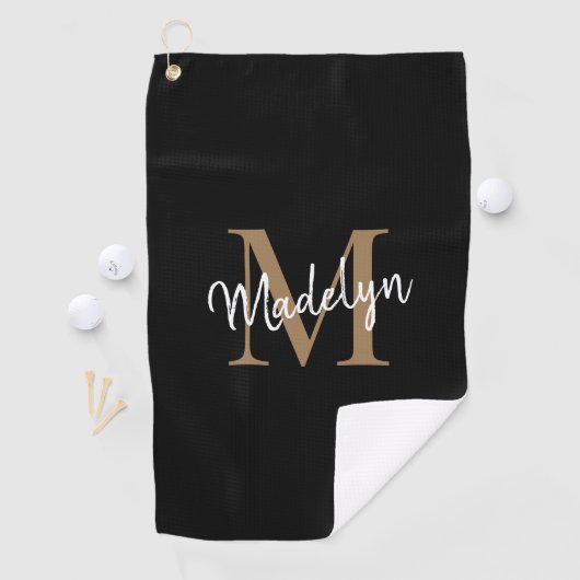 Elegante Monogram Black Gold Girly Script Name Golfhandtuch (Insitu)