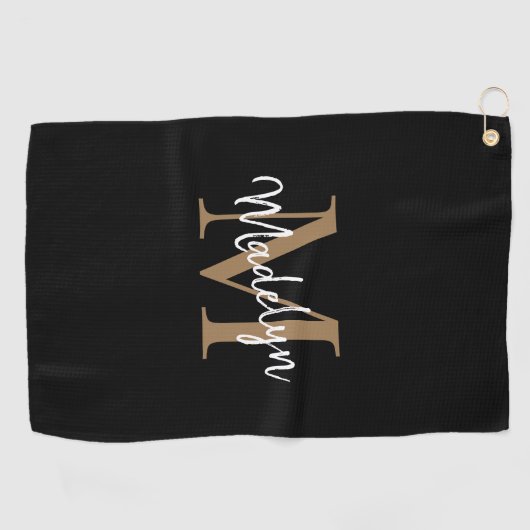 Elegante Monogram Black Gold Girly Script Name Golfhandtuch (Horizontal)