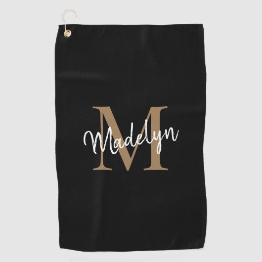 Elegante Monogram Black Gold Girly Script Name Golfhandtuch (Vorderseite)