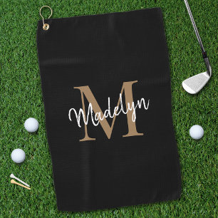Elegante Monogram Black Gold Girly Script Name Golfhandtuch
