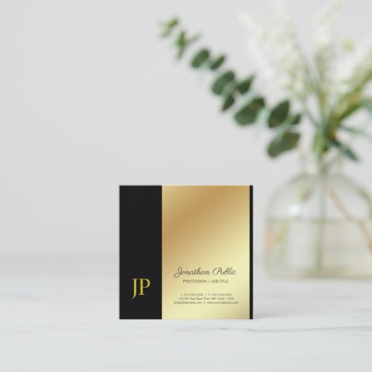 Elegante Monogram Black Gold Schlicht Luxury Linen Quadratische Visitenkarte (Stehend Vorderseite)