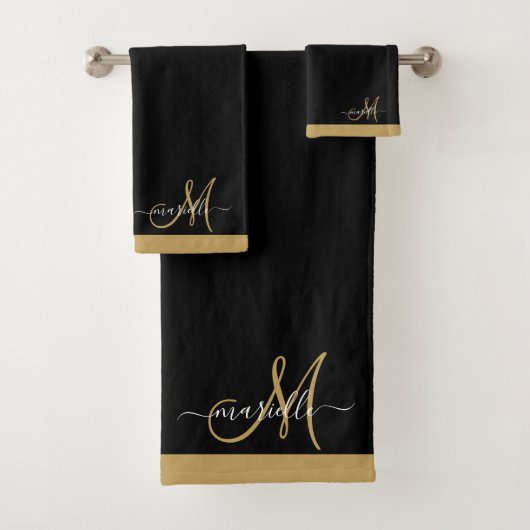 Elegante Monogram Black Gold Script Name Badhandtuch Set (Insitu)