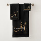 Elegante Monogram Black Gold Script Name Badhandtuch Set (Insitu)