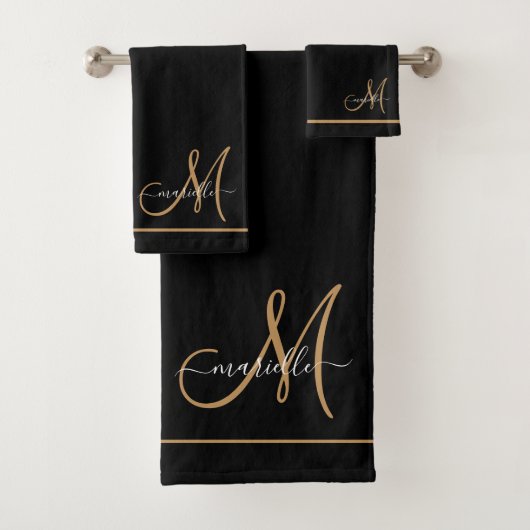 Elegante Monogram Black Gold Script Name Badhandtuch Set (Insitu)