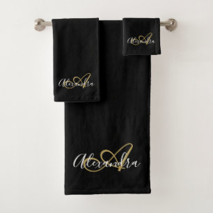 Elegante Monogram Black Gold Script Name Badhandtuch Set