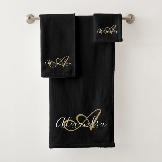 Elegante Monogram Black Gold Script Name Badhandtuch Set (Insitu)