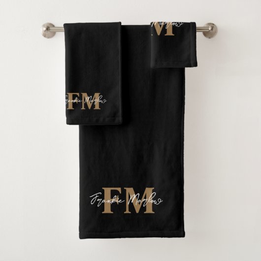 Elegante Monogram Black Gold Script Name Badhandtuch Set (Insitu)