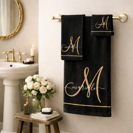 Elegante Monogram Black Gold Script Name Badhandtuch Set
