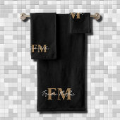 Elegante Monogram Black Gold Script Name Badhandtuch Set
