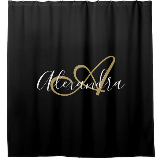 Elegante Monogram Black Gold Script Name Duschvorhang (Vorderseite)