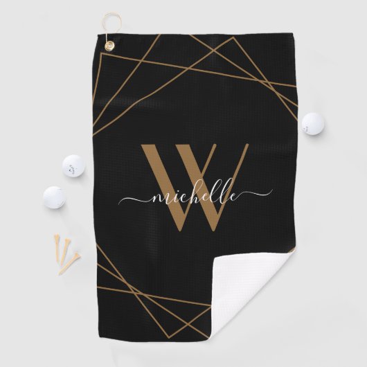 Elegante Monogram Black Gold Script Name Golfhandtuch (Insitu)