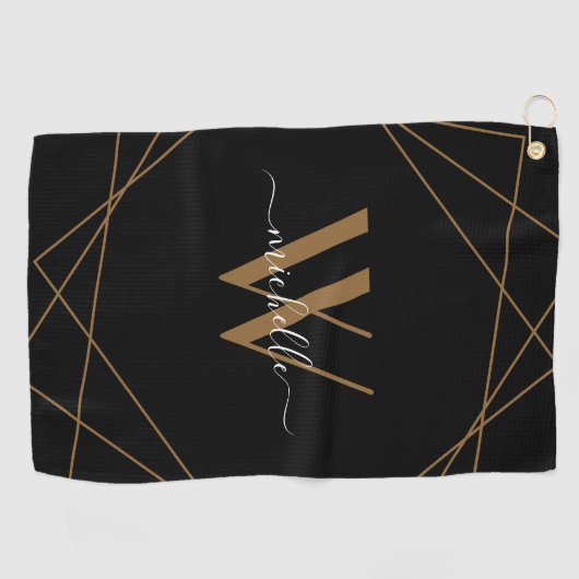 Elegante Monogram Black Gold Script Name Golfhandtuch (Horizontal)