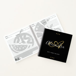 Elegante Monogram Black Gold Script Name Rezept Notizblock
