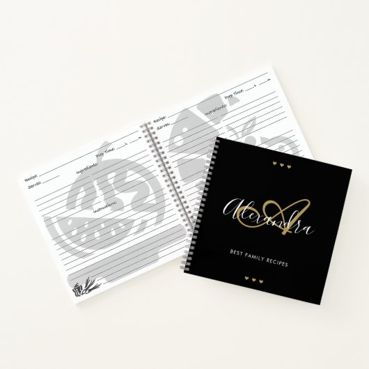 Elegante Monogram Black Gold Script Name Rezept Notizblock (Innenseite)