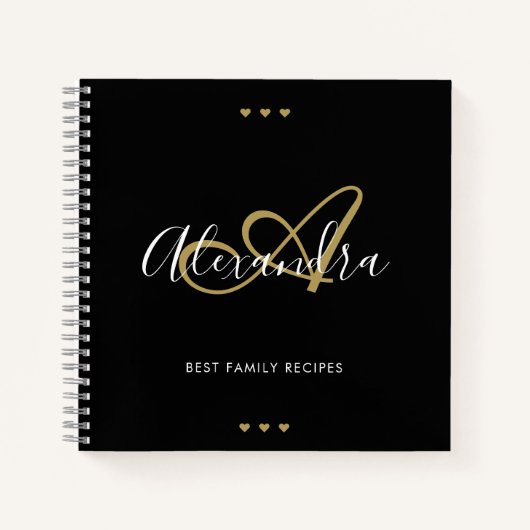 Elegante Monogram Black Gold Script Name Rezept Notizblock (Vorderseite)