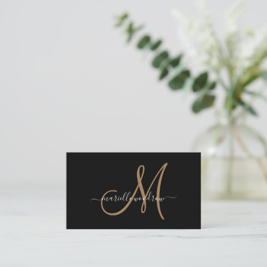 Elegante Monogram Black Gold Script Name Visitenkarte (Stehend Vorderseite)