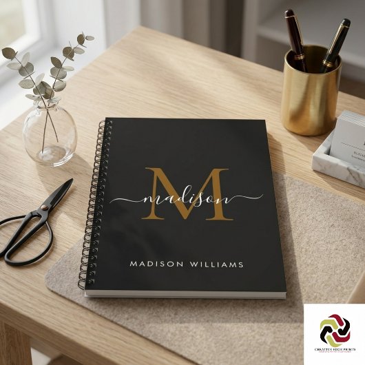 Elegante Monogram Black Gold Script Office School Notizblock