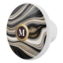 Elegante Monogram Black Gold White Agate
