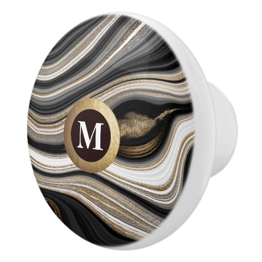 Elegante Monogram Black Gold White Agate Keramikknauf (Rechts)