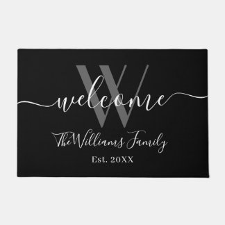 Elegante Monogram Black Gray Name Script Hochzeit Fußmatte