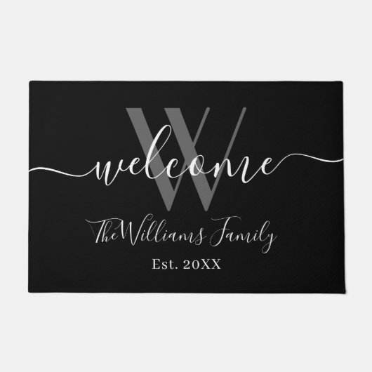 Elegante Monogram Black Gray Name Script Hochzeit Fußmatte (Vorderseite)