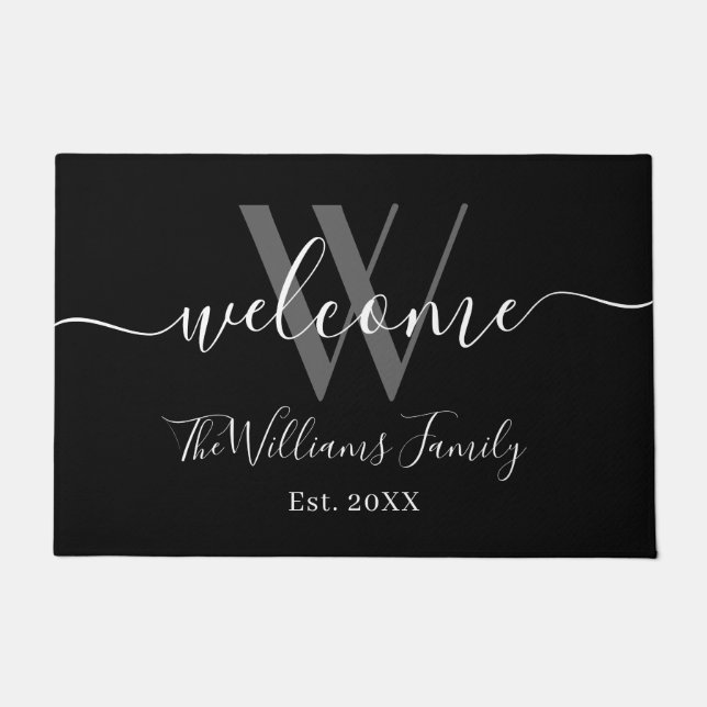 Elegante Monogram Black Gray Name Script Hochzeit Fußmatte (Vorderseite)