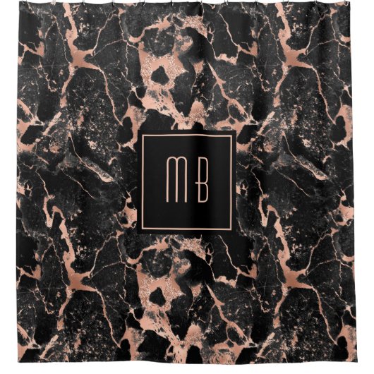 Elegante Monogram Black Marble Duschvorhang (Vorderseite)
