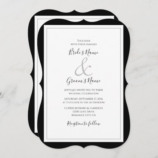 Elegante Monogram Black & White Wedding Einladung (Vorne/Hinten)