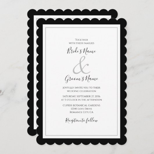 Elegante Monogram Black & White Wedding Einladung (Vorne/Hinten)