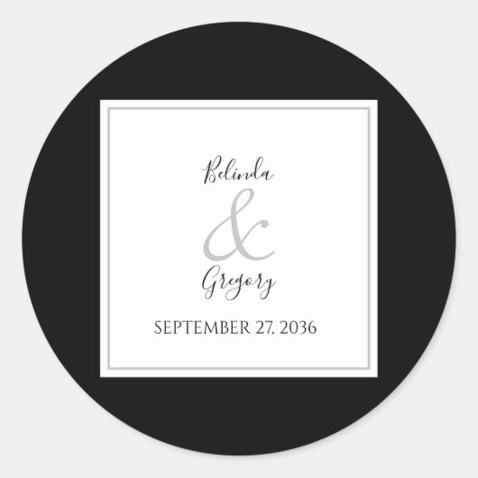 Elegante Monogram Black & White Wedding Runder Aufkleber (Vorderseite)