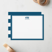 Elegante Monogram Blue Border Minimalistisch Mitteilungskarte (Vorderseite/Rückseite Beispiel)