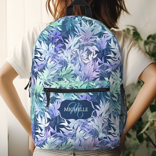 Elegante Monogram Blue Green Blätter Bedruckter Rucksack