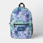 Elegante Monogram Blue Green Blätter Bedruckter Rucksack (Vorderseite)