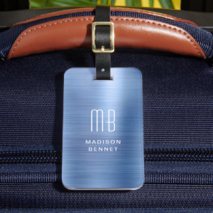 Elegante Monogram Blue Imitats gebürstet Metallic Gepäckanhänger