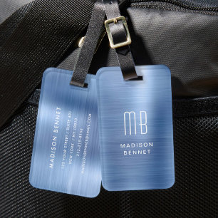 Elegante Monogram Blue Imitats gebürstet Metallic Gepäckanhänger