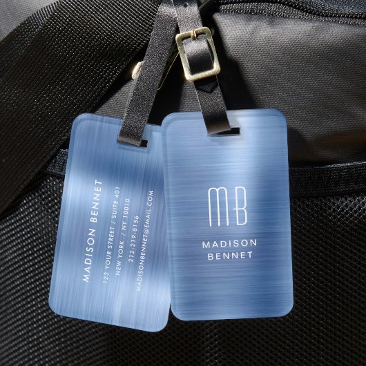 Elegante Monogram Blue Imitats gebürstet Metallic Gepäckanhänger