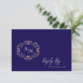 Elegante Monogram Blue Intricate Floral Wedding RSVP Karte (Stehend Vorderseite)