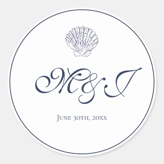 Elegante Monogram Blue Muschel Wedding Runder Aufkleber (Vorderseite)