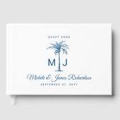 Elegante Monogram Blue Palm Tropical Beach Hochzei Gästebuch (Vorderseite)