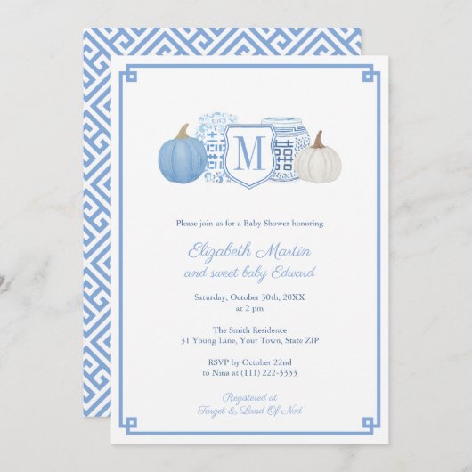 Elegante Monogram Blue & White Pumpkins Baby Showe Einladung (Vorne/Hinten)