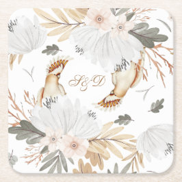 Elegante Monogram Boho Aquarellfarben Blume & Vöge Rechteckiger Pappuntersetzer