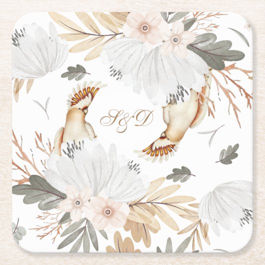 Elegante Monogram Boho Aquarellfarben Blume & Vöge Rechteckiger Pappuntersetzer (Vorderseite)