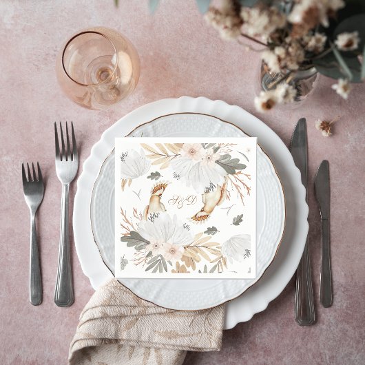 Elegante Monogram Boho Aquarellfarben Blume & Vöge Serviette