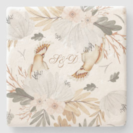 Elegante Monogram Boho Aquarellfarben Blume & Vöge Steinuntersetzer