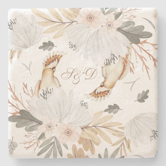 Elegante Monogram Boho Aquarellfarben Blume & Vöge Steinuntersetzer (Vorderseite)
